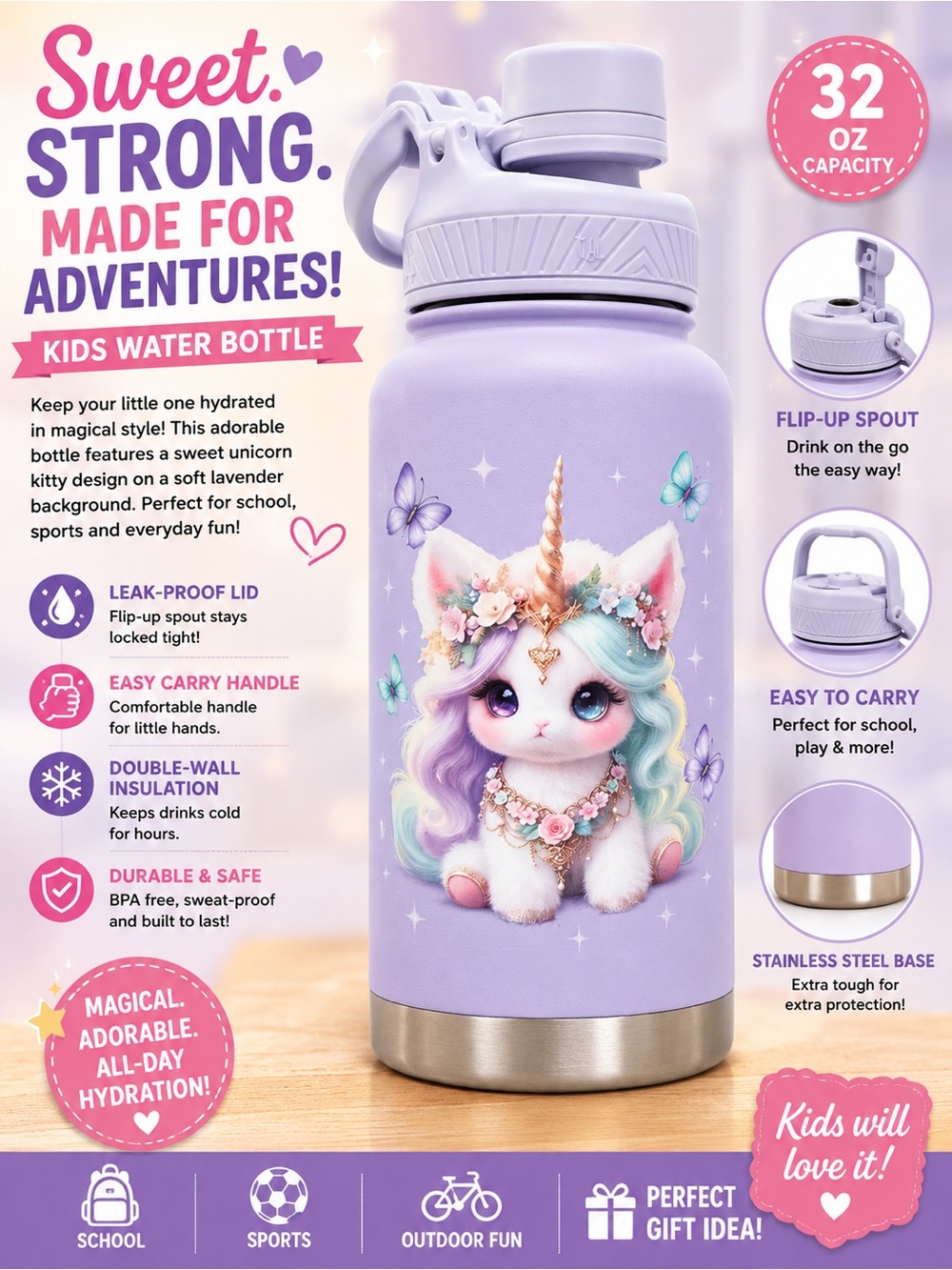 Hand Crafted Lavender Unicorn Kids Water Bottle - Purple & Gold